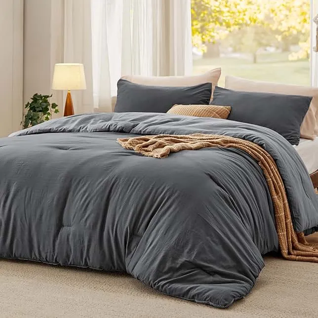 Bedsure Queen Size Comforter Set, Reversible Grey Soft Prewashed Bedding for All Seasons, 3 Pieces Warm Down Alternative Bed Set, 1 Lightweight Comforter (90"x90") and 2 Pillowcases (20"x26")