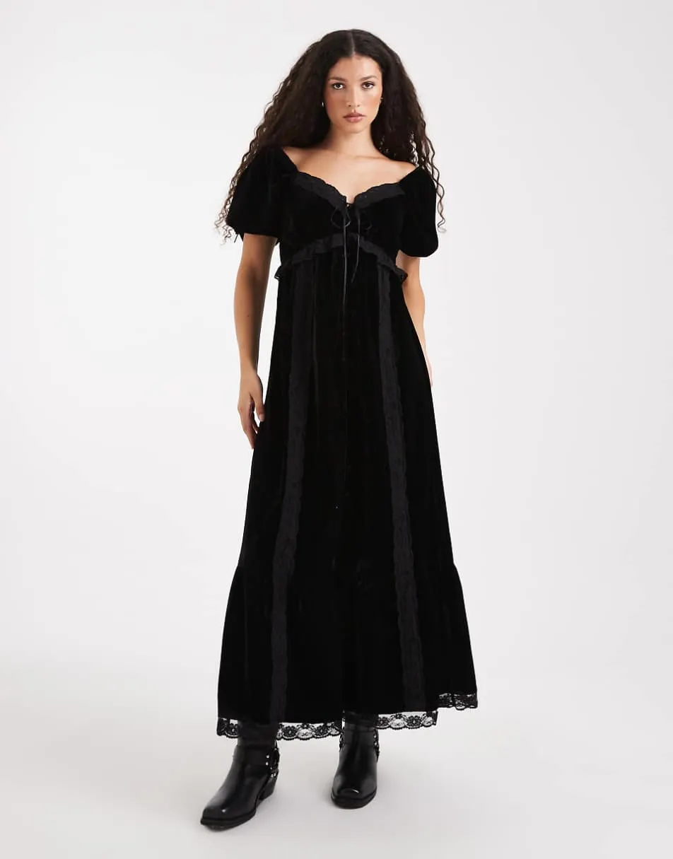 Miss Selfridge velvet and lace puff sleeve maxi dress in black