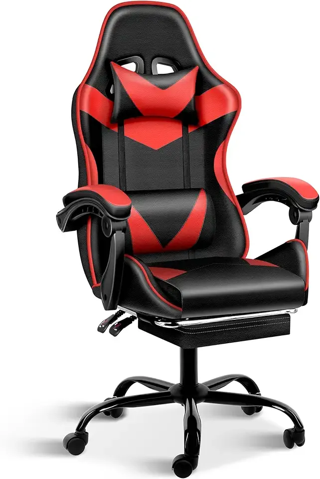 Gaming Chair, Ergonomic Computer Chair with Footrest and Lumbar Support, Height Adjustable Office Chair with 360° Swivel Seat and Headrest (Red & Black)