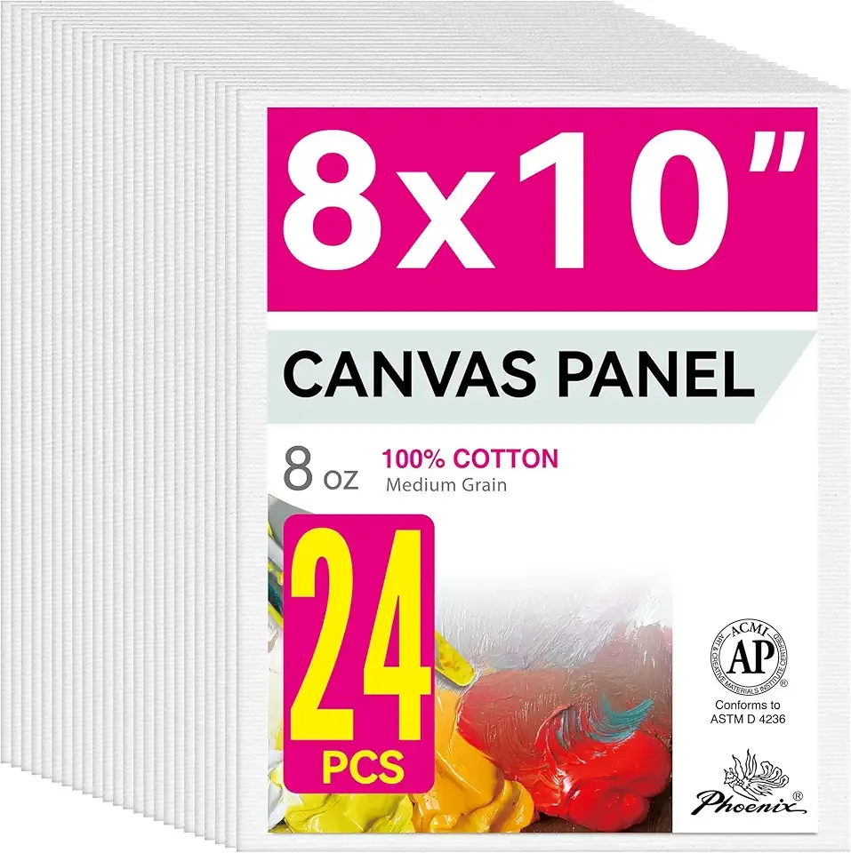 PHOENIX Painting Canvas Panels 8x10 Inch, 24 Bulk Pack - 8 Oz Triple Primed 100% Cotton Acid Free Canvases for Painting, White Blank Flat Canvas Boards for Acrylic, Oil Paints