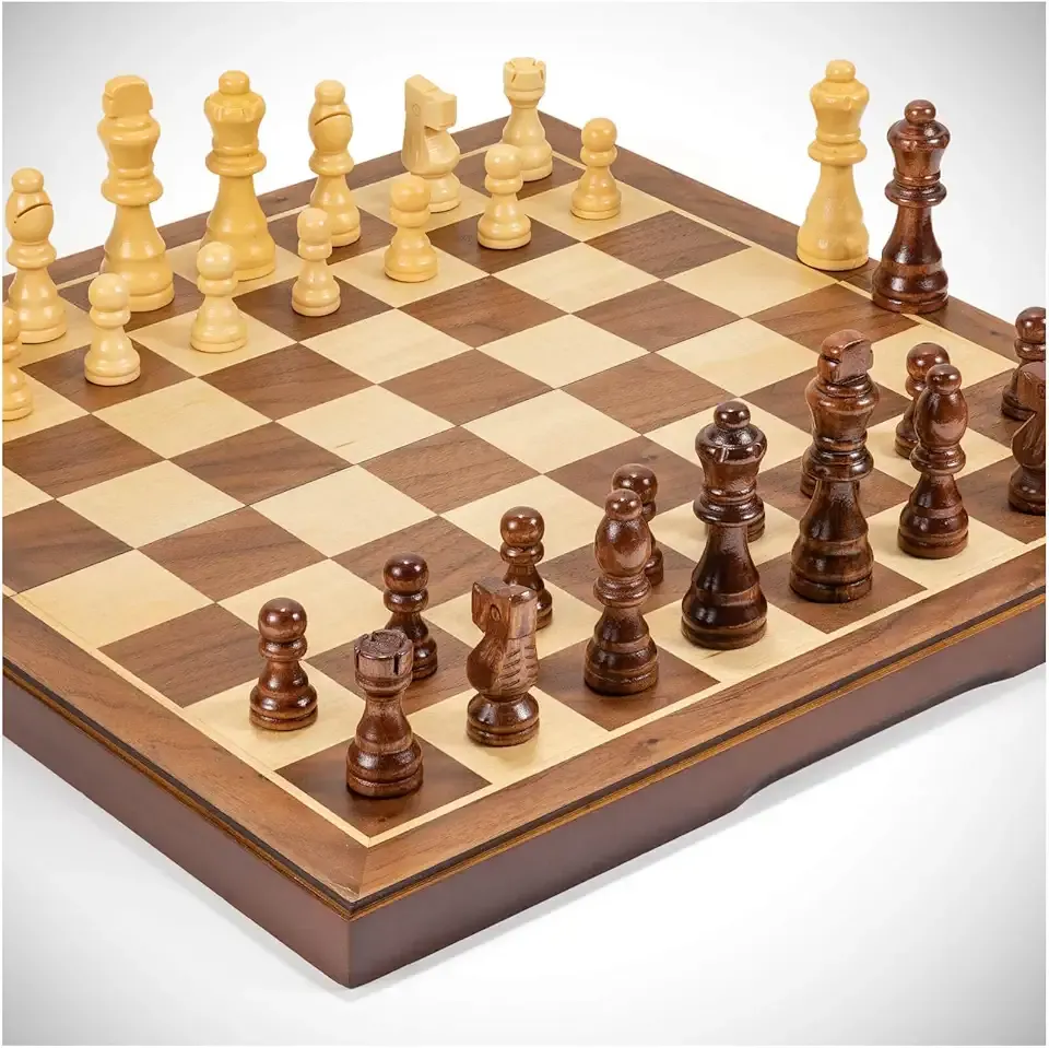 Chess Set Board Games for Adults: Handmade Walnut Wooden 15" 2 Extra Queens Folding Portable Travel Chess Game, Gift idea, Pieces Storage Slots,Instructions