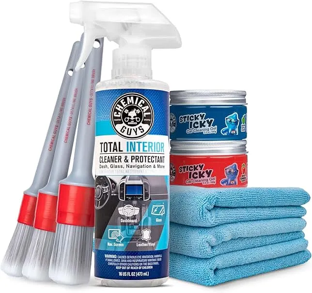 Chemical Guys Car Cleaning Kit Interior 9-Piece - Total Interior Cleaner, Sticky Icky Green Apple & Strawberry Detailing Gel, 3 Detailing Brushes, 3 Towels, Safe for Cars, Trucks, SUVs & More
