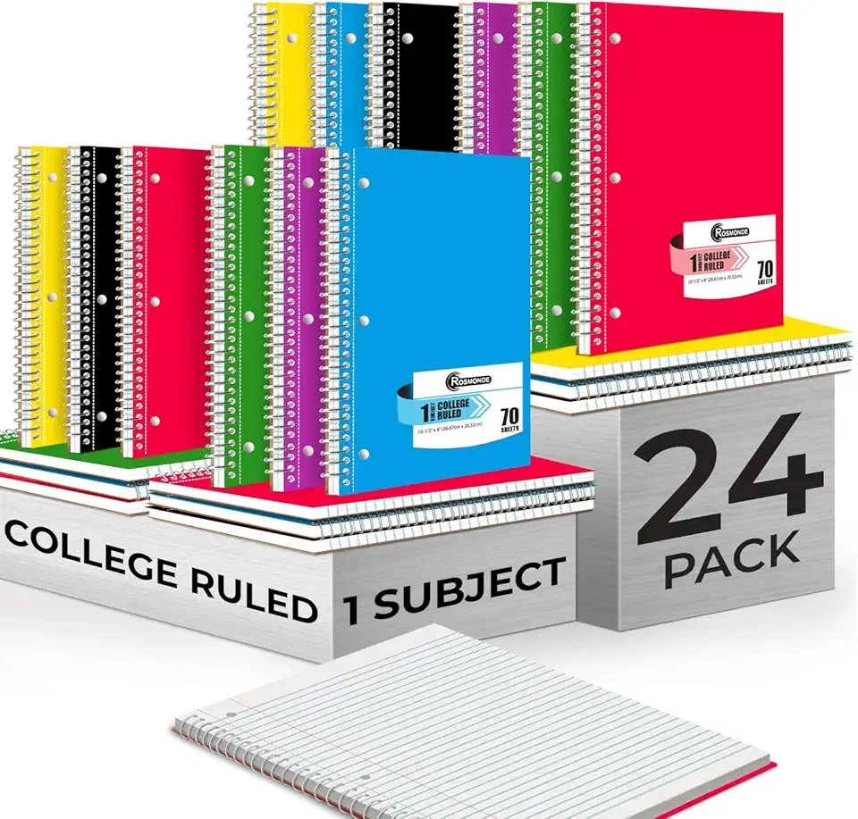 Rosmonde Spiral Notebook, 24 Pack, 1 Subject, College Ruled, 70 Sheets, 8 x 10-1/2", 3 Hole Punched, Bulk College Ruled Notebooks for School, Single Subject Spiral Notebook Bulk, Assorted Colors