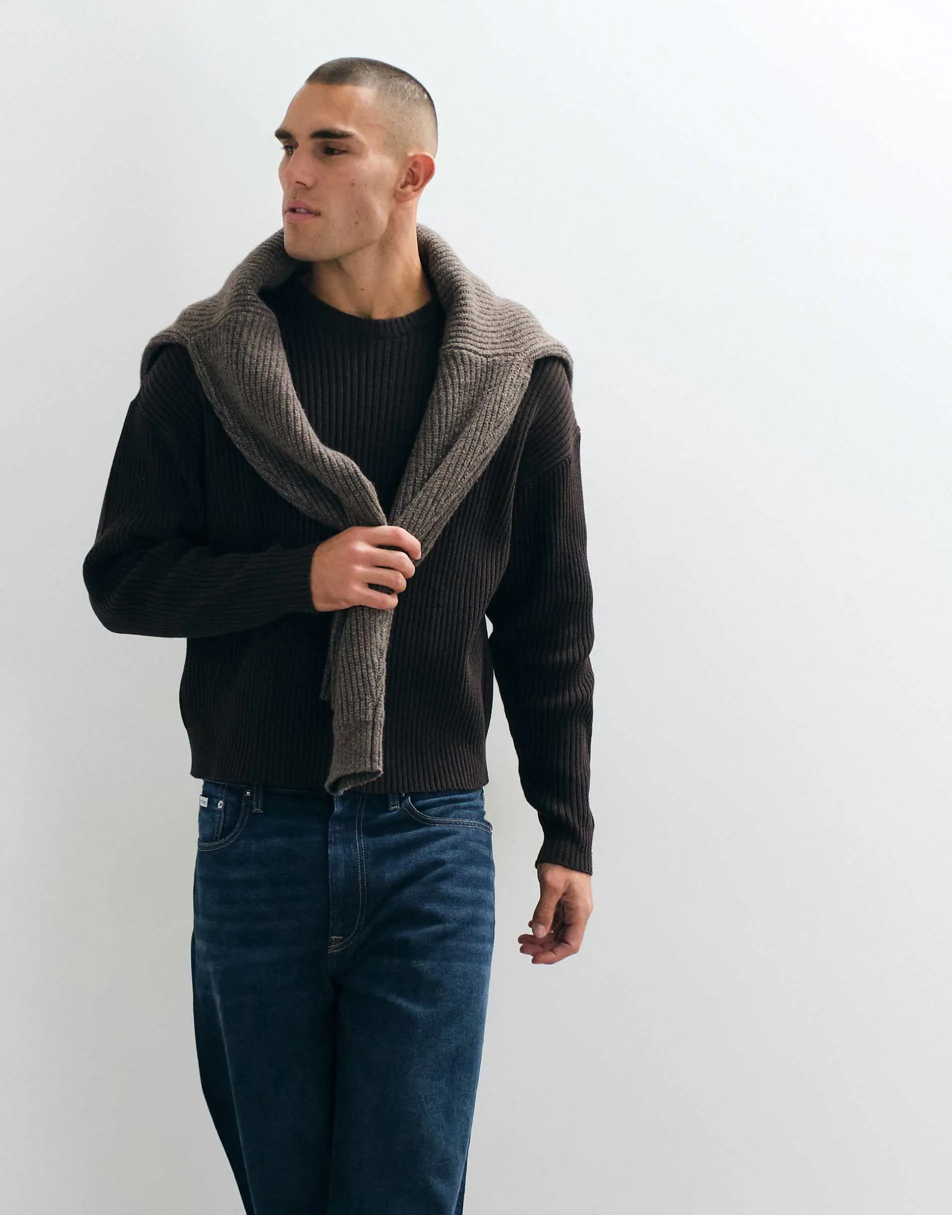 ONLY & SONS ribbed crew neck jumper in dark brown