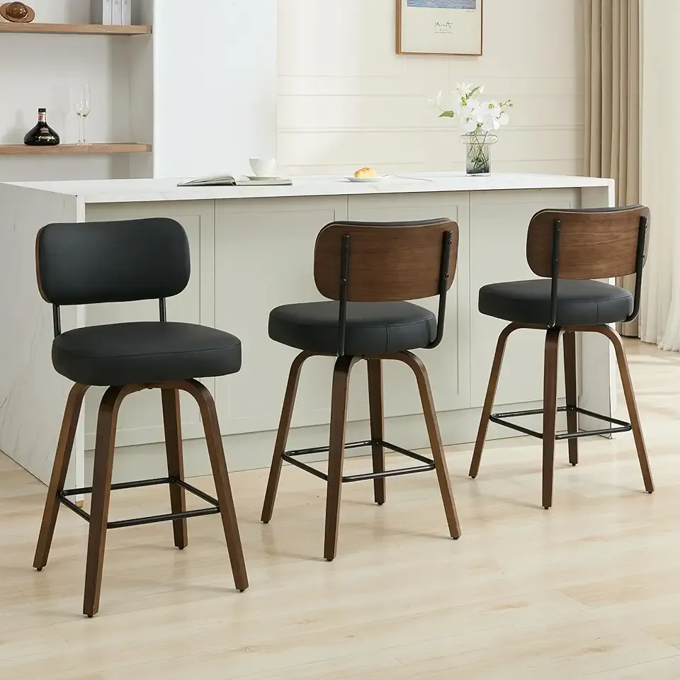 Swivel Bar Stools Set of 3, 26" Upholstered Counter Height Bar Stools with Back and Walnut Wood Legs, Faux Leather Barstools for Kitchen Counter, Black