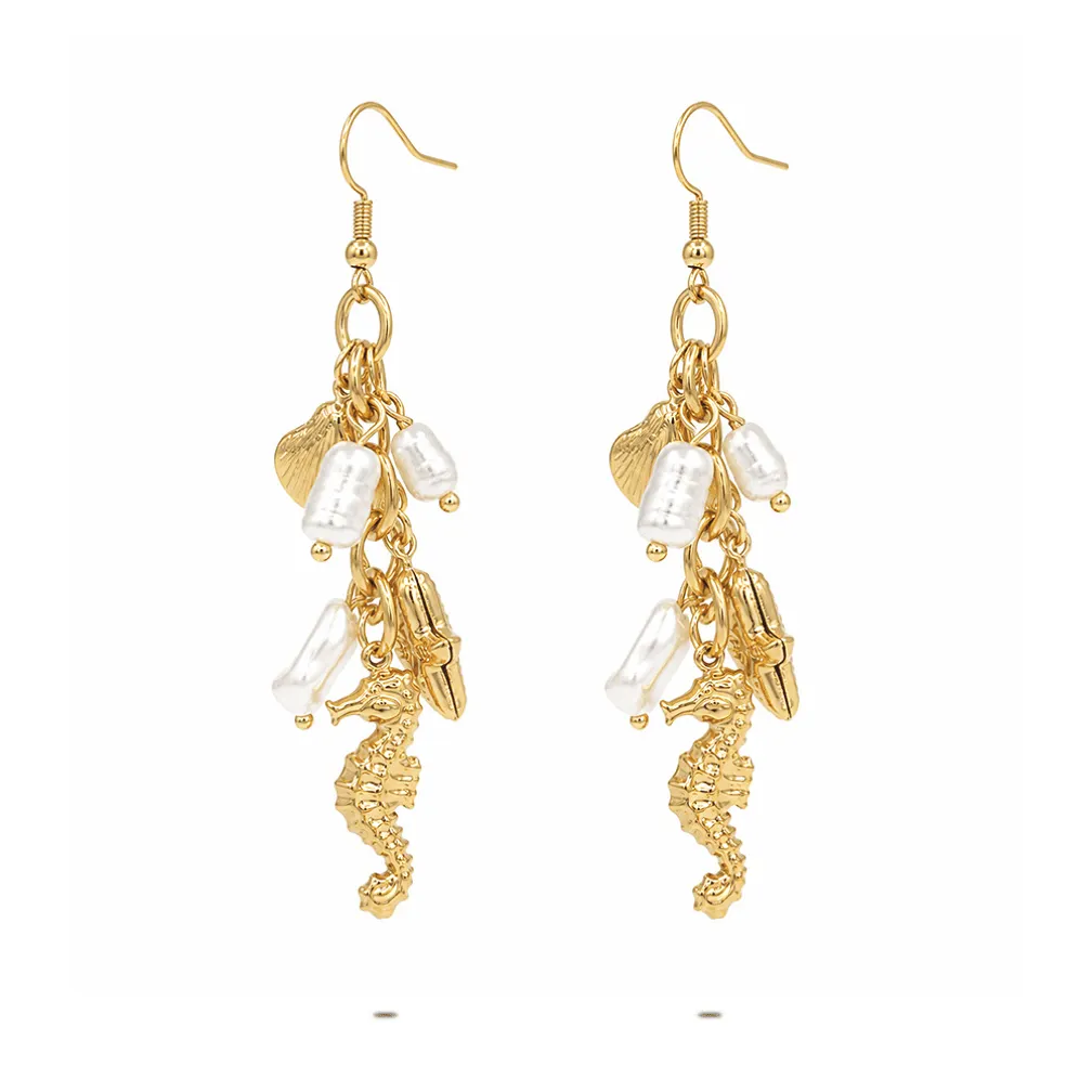 Zeepaardjesoorbellen in edelstaal met parels en schelp