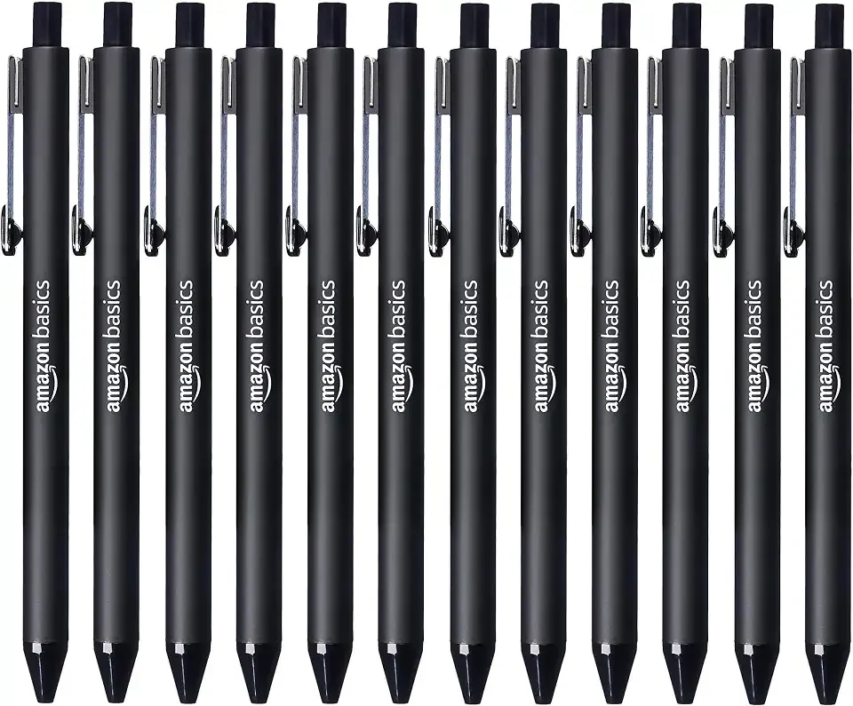 Amazon Basics Retractable Ballpoint Pens with Comfortable Grip for Smooth Writing, Black, Note-Taking, Office and School Supplies, 12-Pack