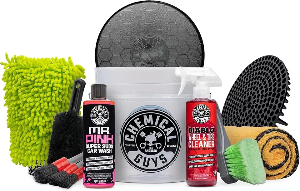 Chemical Guys Car Washing Kit - Mr. Pink Car Wash Soap, Diablo Wheel Cleaner, Wash Bucket with Dirt Trap and Lid, Wash Mitt, Detailing Brushes, Microfiber Towel, 12-Piece