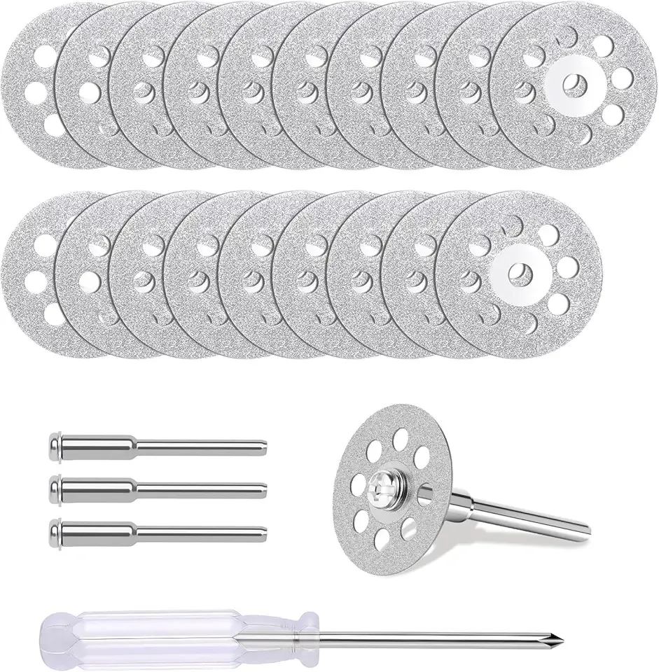 20 PCS Professional 545 Diamond Cutting Discs，Diamond Cutting Wheel Kit for Dremel Rotary Tools | 22mm Blades + 4 Mandrels & Screwdriver