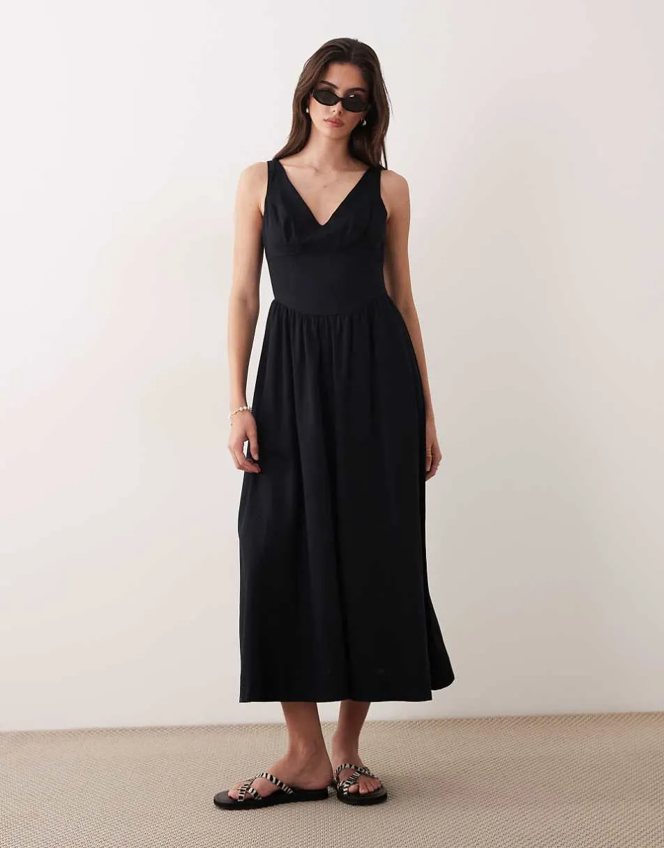 ASOS DESIGN waisted v neck maxi dress with seaming details in black