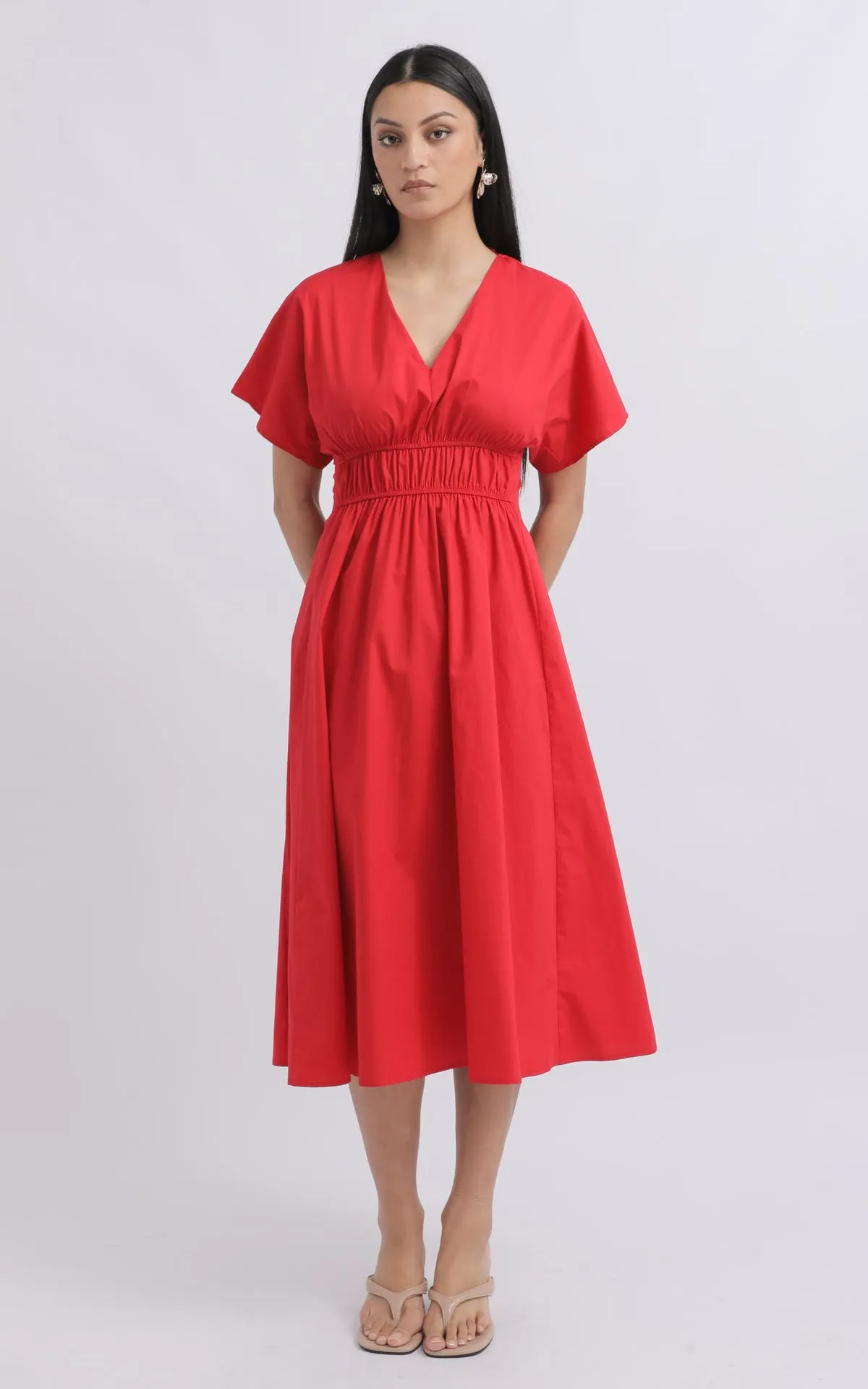 Cotton Poplin Ruched Midi Dress