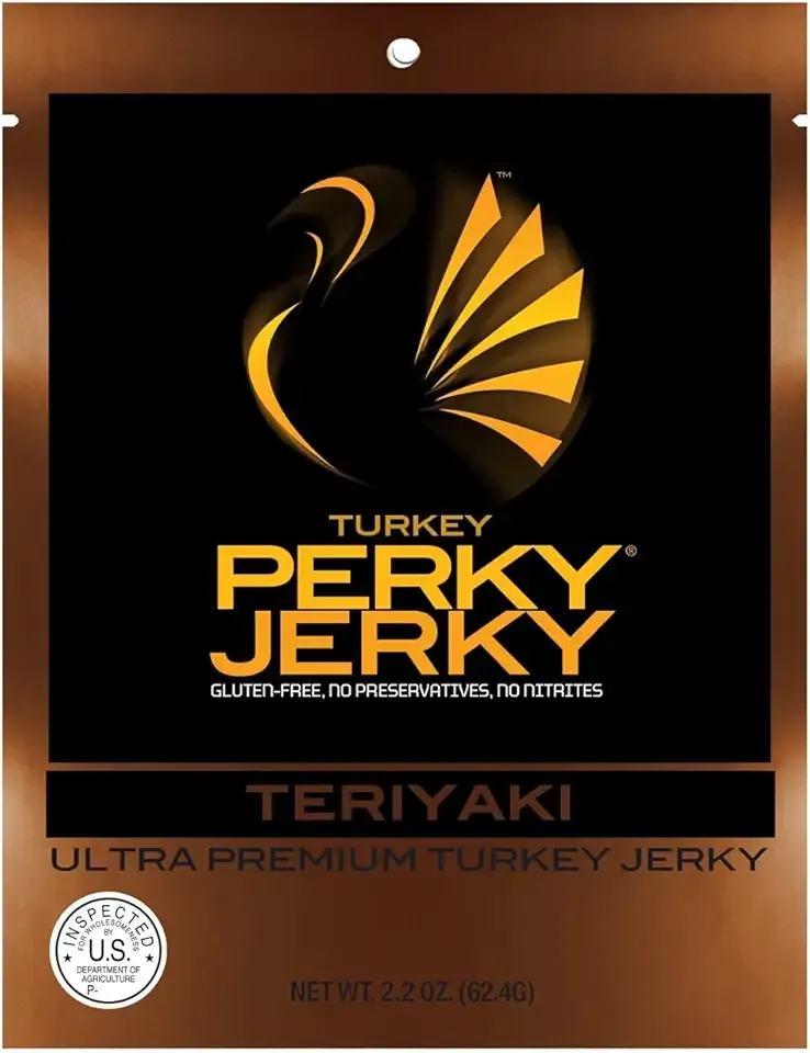 Perky Jerky Tasty Teriyaki Turkey Jerky, 2.2oz bag - Low Sodium - 10g Protein per Serving - Low Fat - 100% U.S. Sourced - Tender Texture