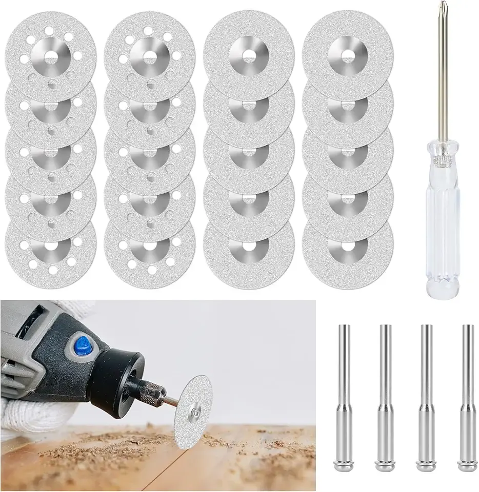 20PCS Premium 545 Diamond Cutting Wheel, Cut Off Discs Coated Wheel Kit for Dremel Rotary Tools | Cutting Discs with 4PCS 3mm Mandrels & Screwdriver