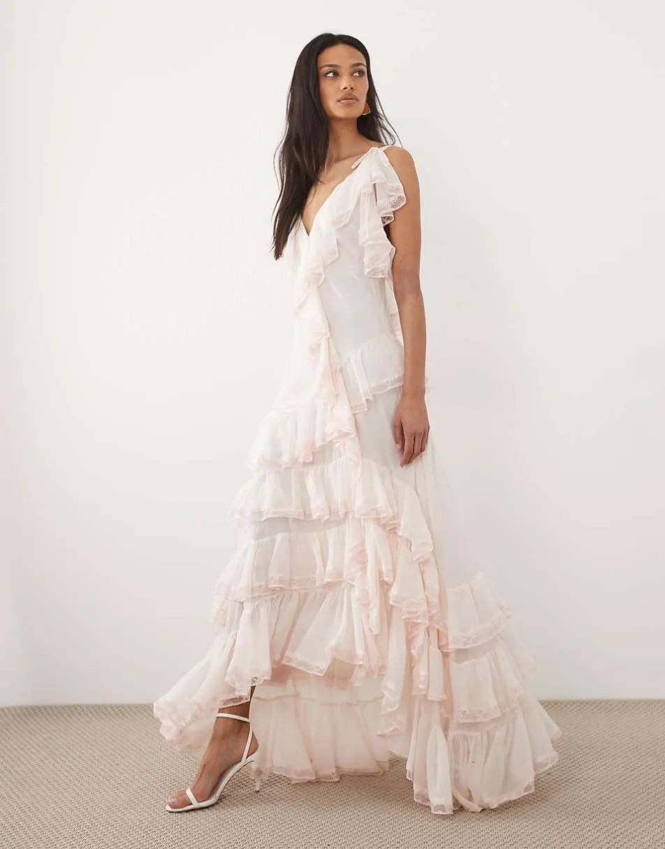 For Love & Lemons Juniper chiffon v-neck ruffle tiered maxi dress in pale pink