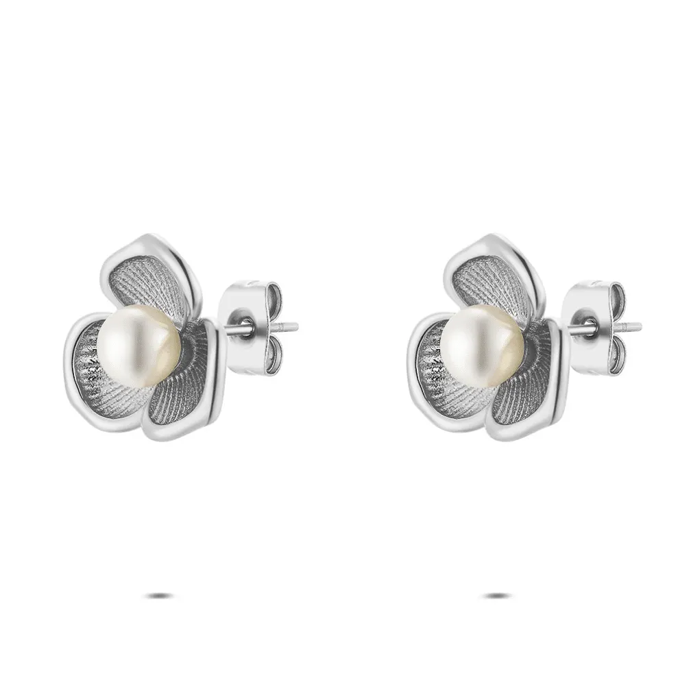 Oorbellen in edelstaal, bloemvorm met parel