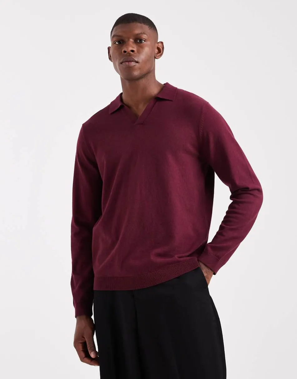 ASOS DESIGN essential knitted long sleeve notch neck polo in burgundy