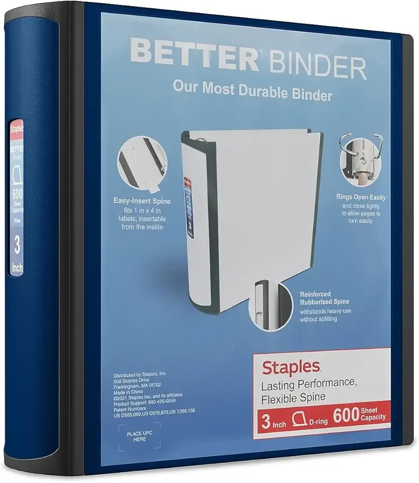 Staples Better Binder, 3-Ring, Reinforced Rubber Spine, 3 Inch D-Ring Binders for Home, Office, School, Holds up to 600-Sheets, Blue