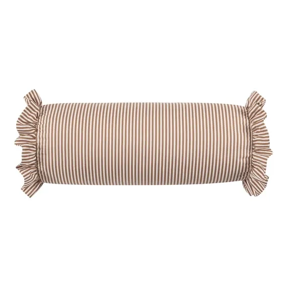 Home Decor Collection 8" x 20" Tan Striped Ruffle Bolster Decorative Pillow