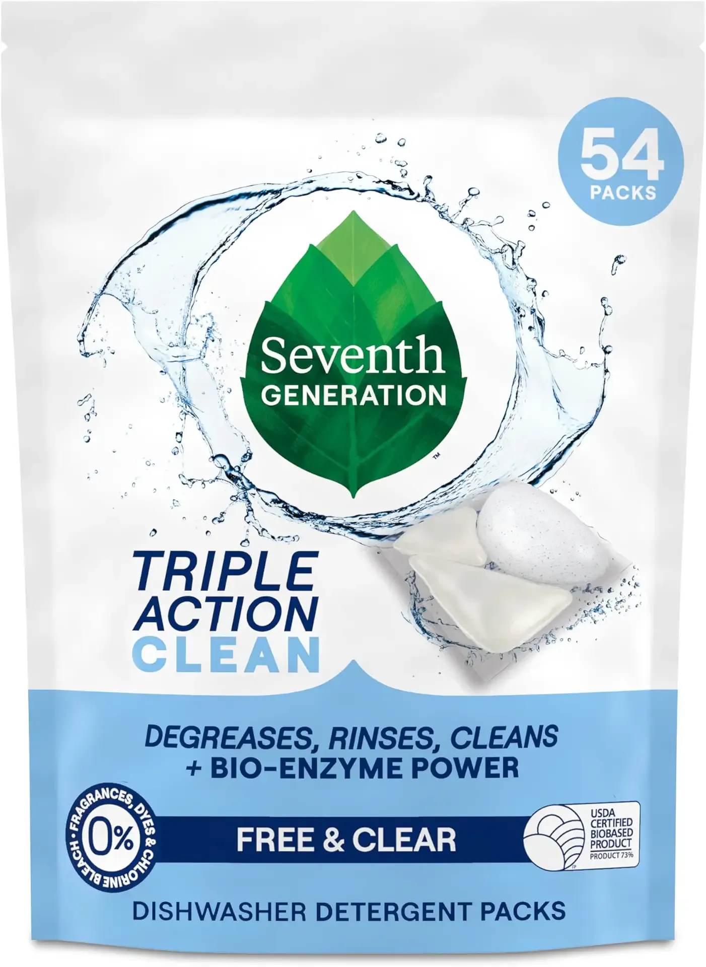 Seventh Generation Triple Chamber Dishwasher Packs, Free & Clear, 54 Count | Blast away 72-hr stuck-on food with Bio-Enzyme Power. Unleash triple action cleaning that degreases & rinses.