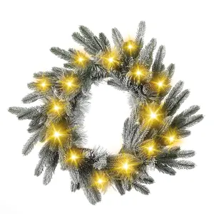 Corona de Navidad con nieve en PVC de 50cm, corona de ramas de pino artificiales, decoración de jardín, ideal para puertas de entrada, luz cálida