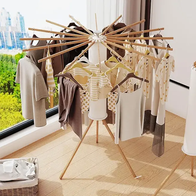 Clothes Drying Rack Tripod,Drying Rack Clothing,Laundry Drying Rack,Floor Standing,16 Wooden Poles,Collapsible Drying Racks for Laundry,Retractable,Foldable,Folding