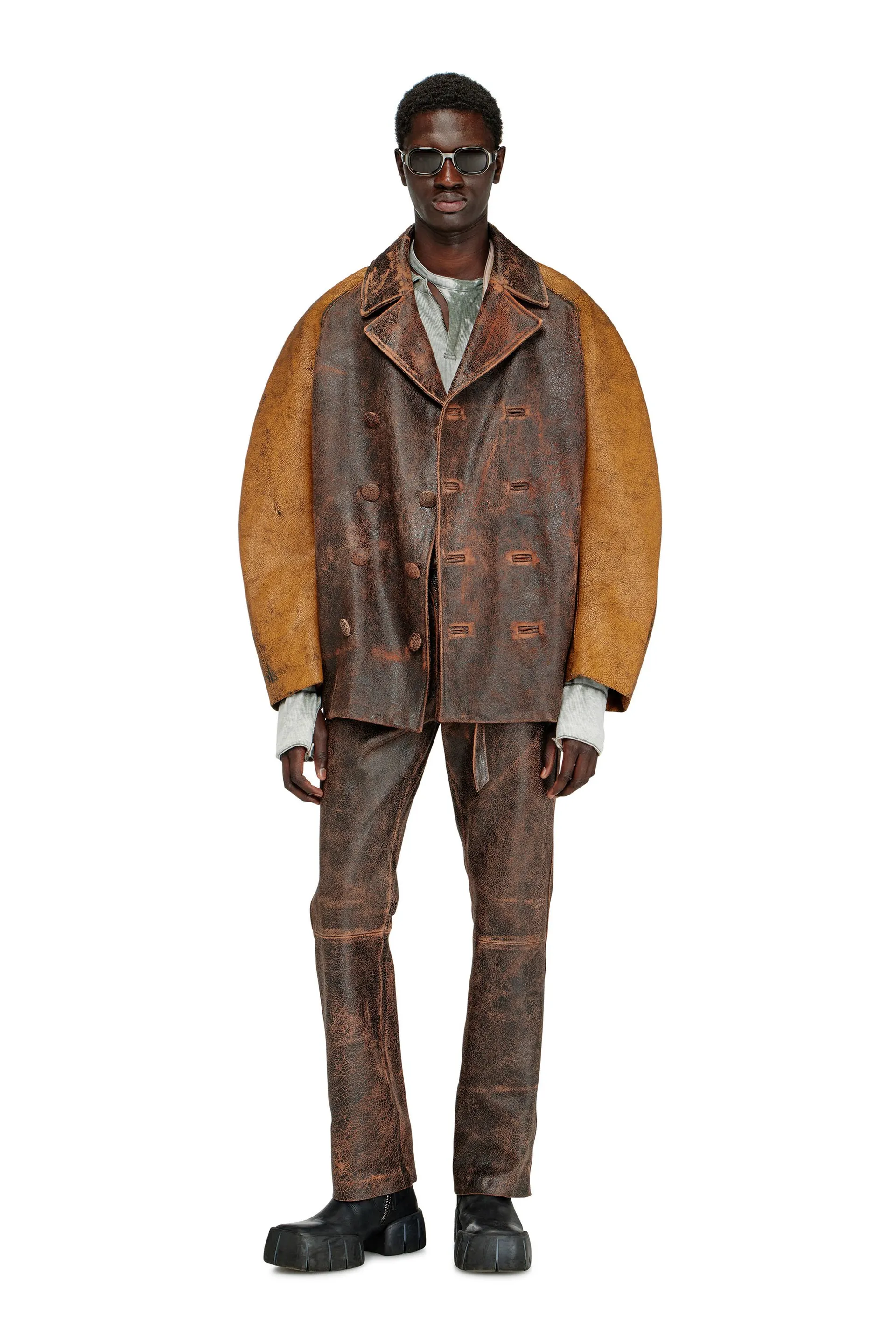 Cocoon peacoat in crackle leather