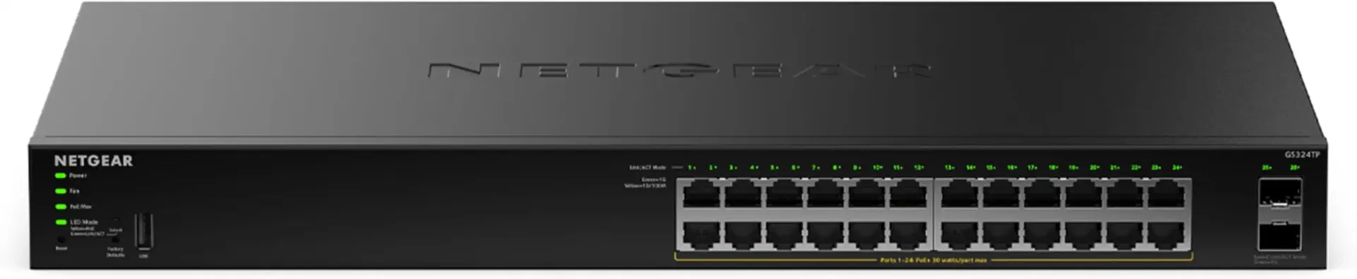 NETGEAR S350 Series 26-Port Gigabit Ethernet PoE+ Smart Managed Essentials Switch – 24 x 1G PoE+ @ 190W, 2 x 1G Dedicated SFP – Desktop or Rackmount (GS324TPv2)