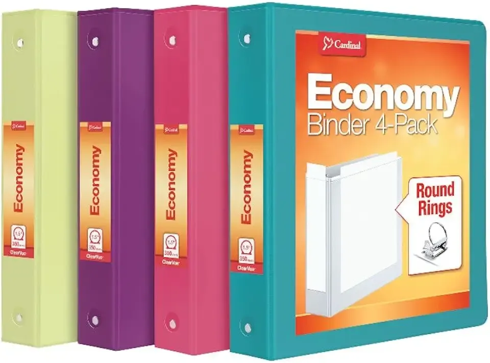 Oxford Cardinal 3 Ring Binders, Binders for School and Office, Durable 1.5 Inch, Round Rings, Holds 350 Sheets, ClearVue Presentation View, Non-Stick, Assorted Bright Colors, 4 Pack (79553)