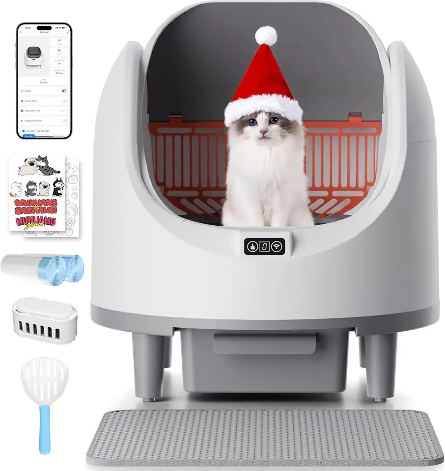 Bashaw Self Cleaning Litter Box, Automatic Cat Litter Box for Multiple Cats, App Control with Safety Sensors, Open Top, Includes Scent Cartridge, Litter Mat & 2 Roll Garbage Bags (White)