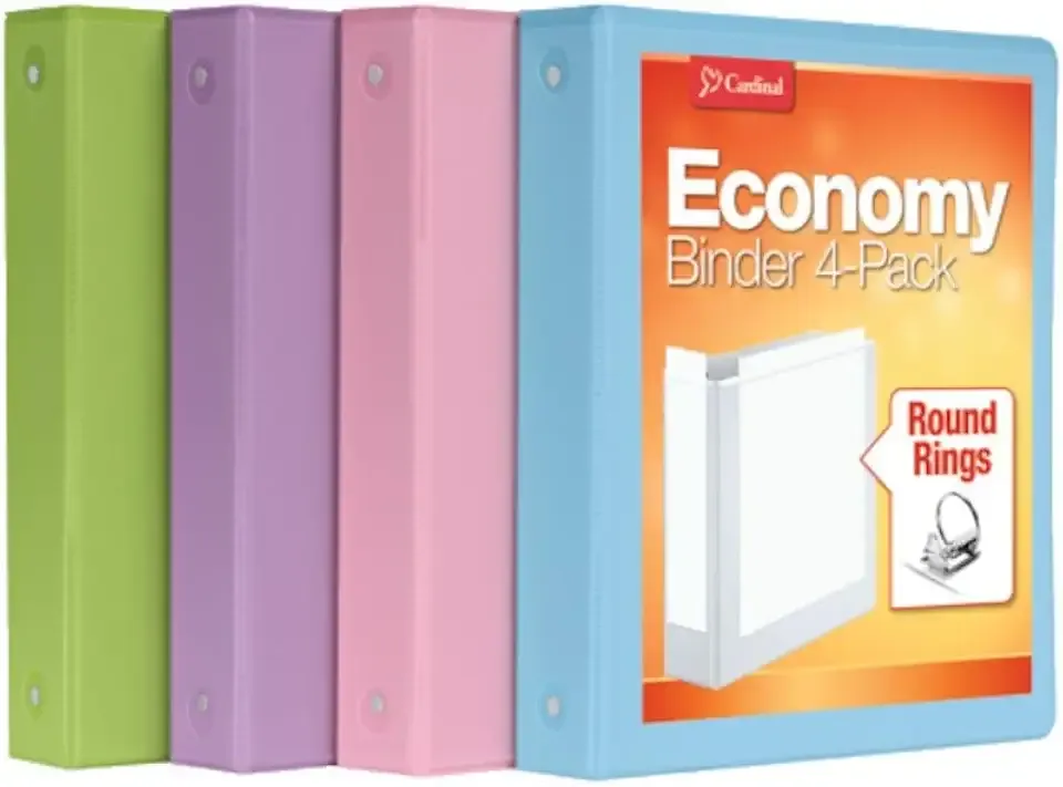 Cardinal 3 Ring Binders, Binders for School and Office, Durable 1.5 Inch, Round Rings, Holds 350 Sheets, ClearVue Presentation View, Non-Stick, Assorted Pastel Colors, 4 Pack (79552)
