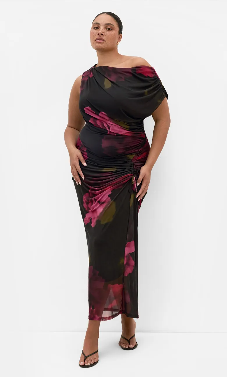 Vivid Mesh Garden Print Maxi Dress - black
