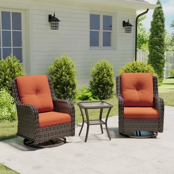 MeetLeisure 3 Piece Wicker Patio Furniture Set with Side Table, Outdoor Swivel Rocker Chairs with High Back, Deep Seating, Wide Armrest, Thick Cushions for Deck Porch, Orange $419.99