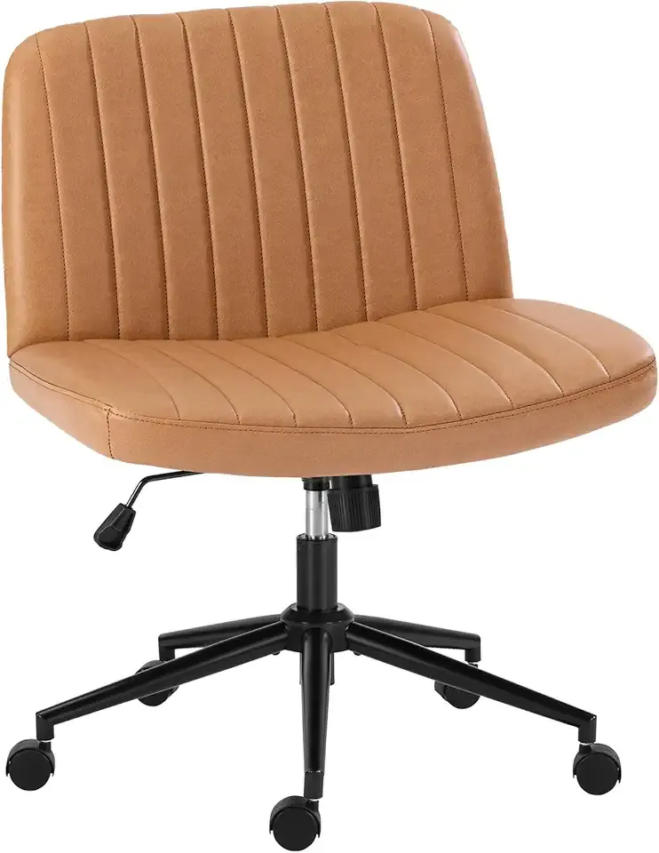 OLIXIS Criss Cross Chair with Wheels Wide Cross Legged Office Desk Vanity Chair Comfy Fabric Armless Adjustable Swivel for Home Computer Task PU Brown