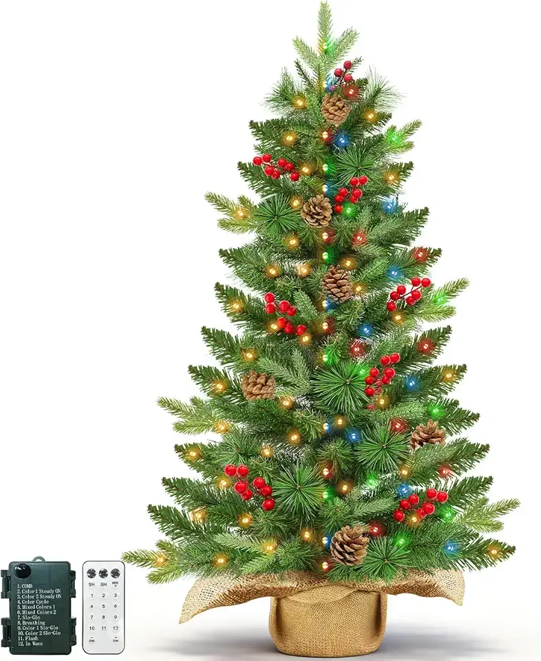 Remote Control-3 ft Artificial Small Christmas Tree with Dual Color Change Lights Timer, Perfect PE+PVC Spruce Mini Tabletop Christmas Tree, Pinecone Red Berry Burlap Base for Xmas Desk, Home Decor