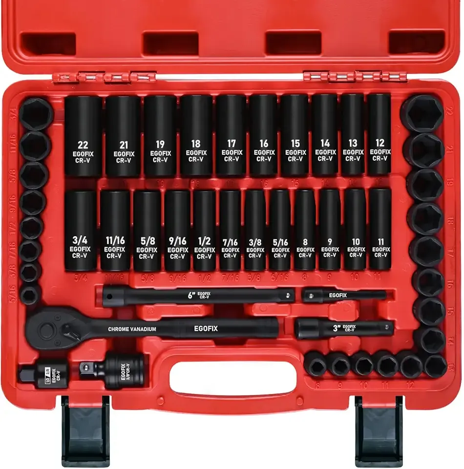 3/8" Drive Impact Socket Set, 50 Piece Standard SAE (5/16 to 3/4 inch) and Metric (8-22mm) 6 Point, with Adjustable Ratchet Handle, Extension Bars, Impact Universal Joint, Adapter, Cr-V Steel