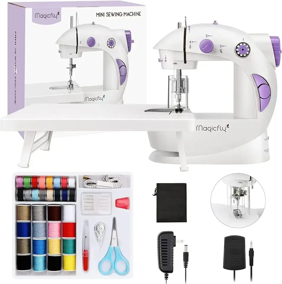 Magicfly Mini Sewing Machine with Extension Table, Dual Speed Portable Sewing Machine for Beginners with Light, Sewing Kit for Household Use, White