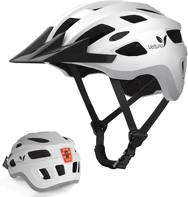 Veltuno Bike Helmet for Adults, Lightweight Mountain Bicycle Helmet with USB Rechargeable LED Rear Light, Removable Sun Visor for Women, Men, Suitable for Cycling and Commuting