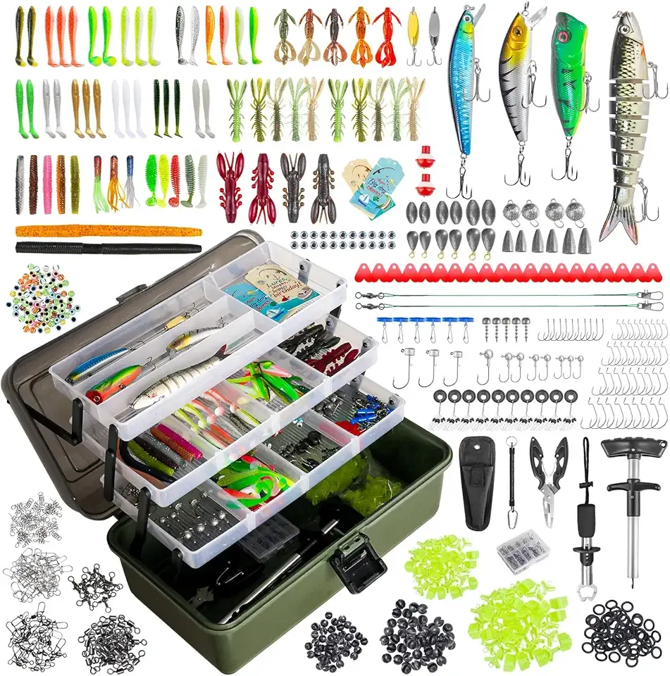4 Layers Fishing Tackle Box, 605Pcs Fishing Gear Kit with Lures, Small Tool Kit Containing Clip, Hook Remover, Plier, Accessories, Greeting Cards, Fishing Box for Beginners, Kids, Men, Adults