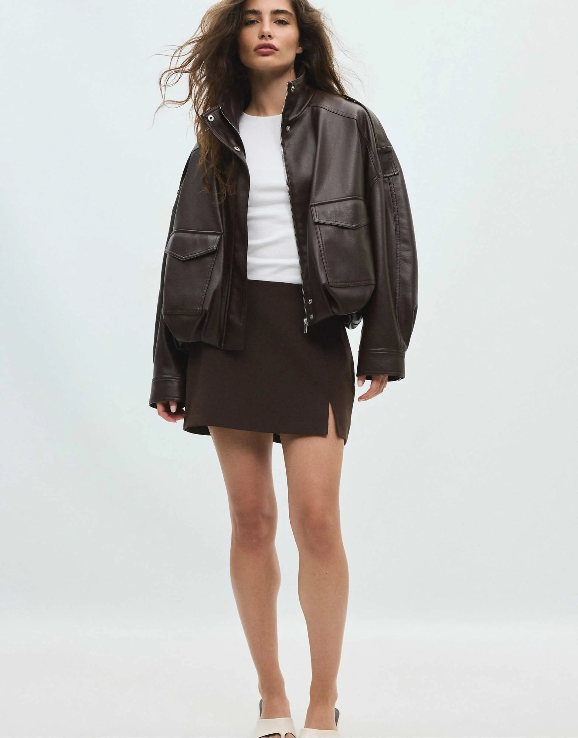 Stradivarius Oversize leather effect jacket in brown