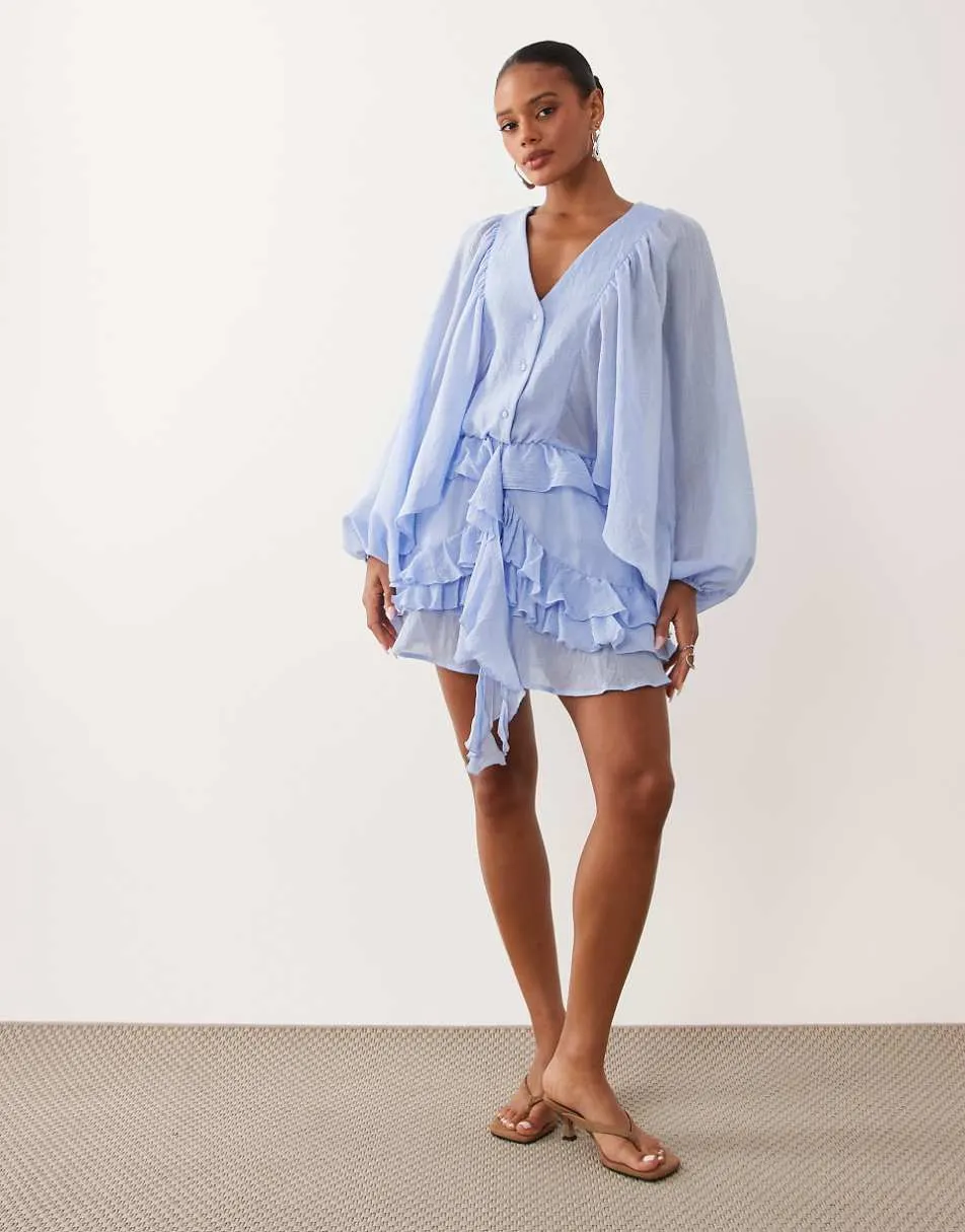 Gina Tricot boho mini ruffle dress in light blue