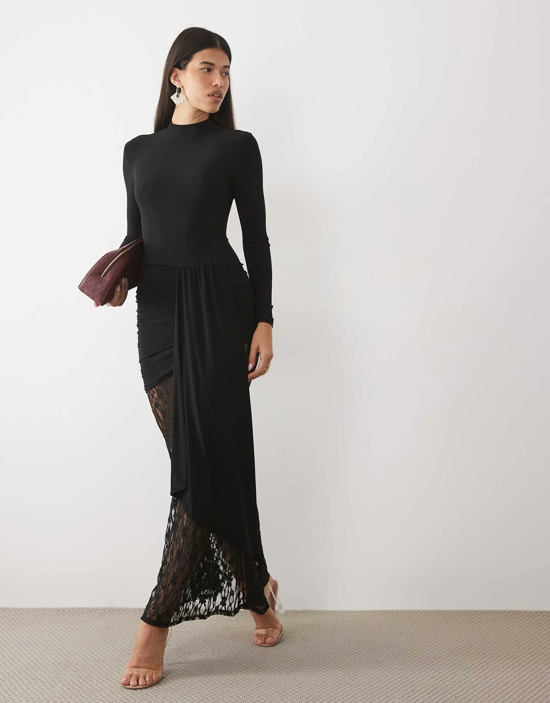 ASOS DESIGN lace mix long sleeve maxi dress in black