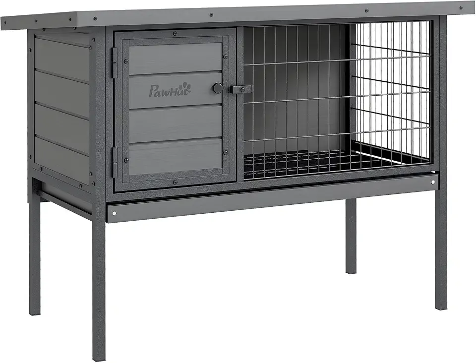 PawHut Rabbit Hutch Elevated Bunny Cage Small Animal Habitat with Metal Frame, No Leak Tray, Metal Wire Pan and Openable Water-Resistant Asphalt Roof for Indoor/Outdoor Gray