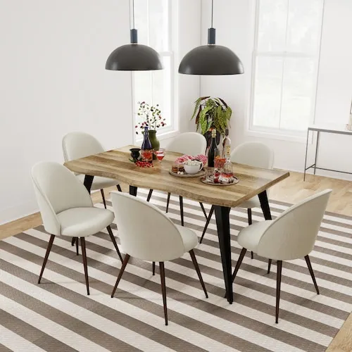 Homy Casa LANVEN 7-Piece Mocha Walnut Wave-Edge Dining Table Set with 6 Beige Upholstered Chairs (Seats 6)