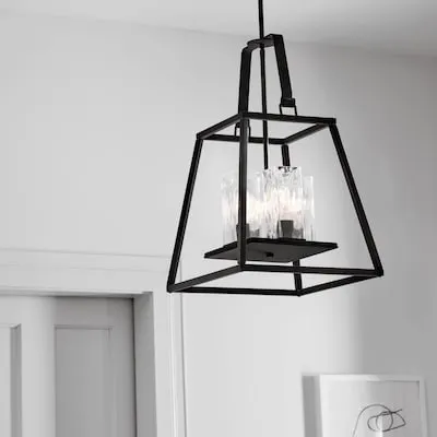 Ellamae 4 -Light Weathered Zinc Industrial Seeded glass Square Medium Hanging Pendant Light