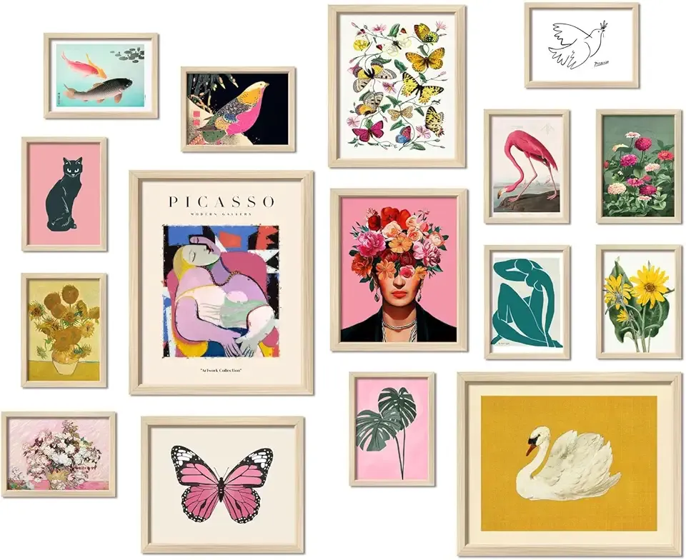 16 PCS Framed Eclectic Wall Art Decor, Modern Maximalist Home Gallery Wall Frame Set Prints for Bedroom Bathroom, Posters for Living Room Aesthetic, Colorful Dorm Artwork Collage Kit Pictures