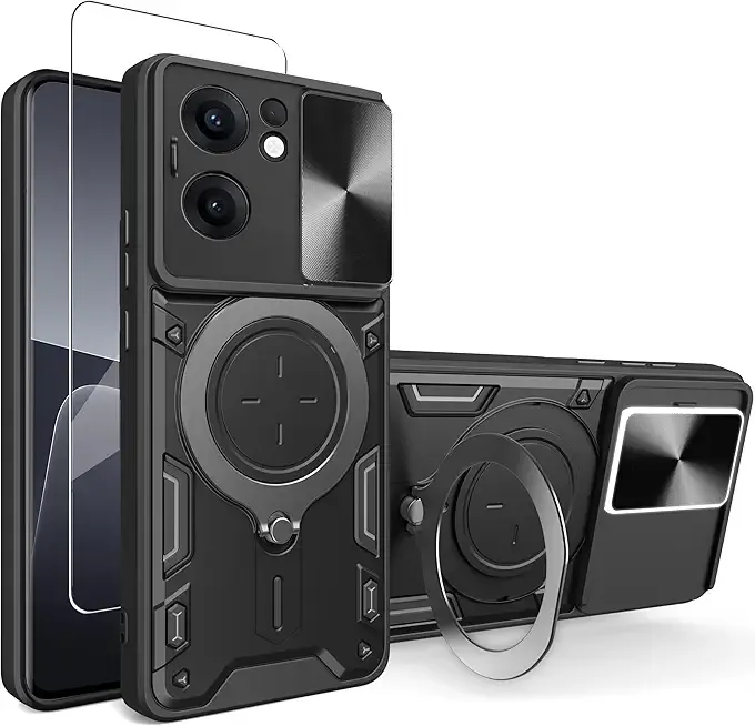 Phone Case for Oppo Reno 13F 4G / 5G Case with Glass Screen Protector, Built Slide Camera Protection Cover,Military Heavy Duty Full Body Protective Phone Case - Black