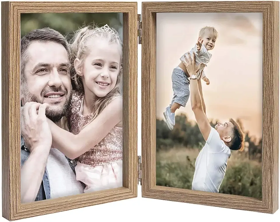 4x6 Picture Frames Double Hinged MDF Wood Grain with Glass Front Stand Vertical on Tabletop