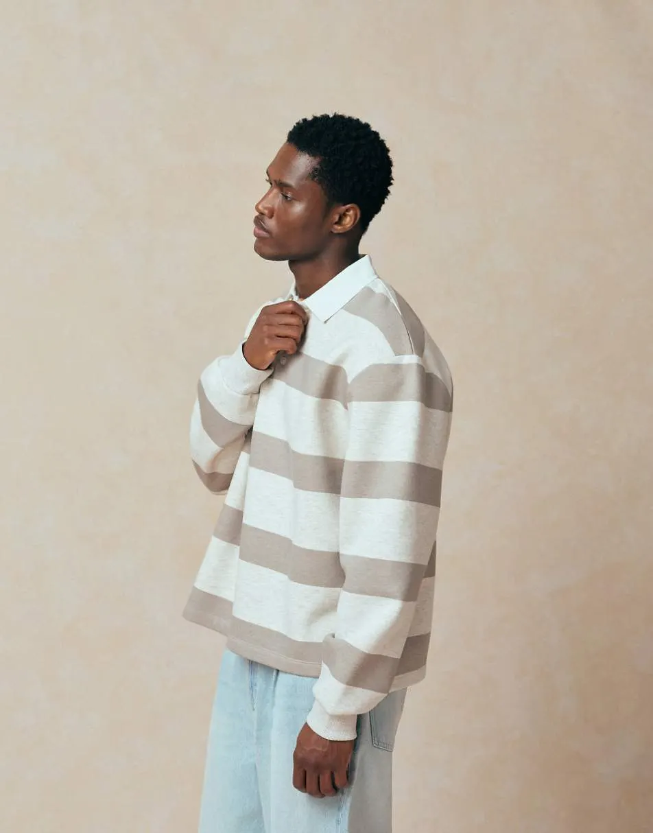 ASOS DESIGN relaxed rugby polo sweatshirt in oatmeal marl stripe