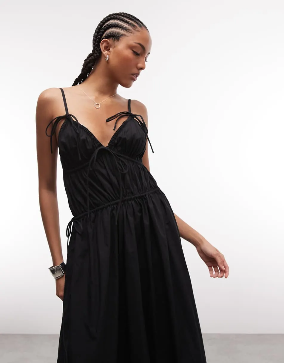 COLLUSION cami volume channel detail midi dress in black