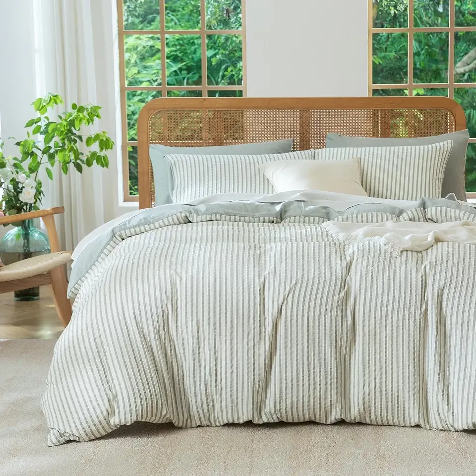 Queen Size Comforter Set Striped Soft Luxury Washed Microfiber Jacquard 3 Pieces Bedding, Sage Green Vertical Ticking Stripes Pattern Comforter with 2 Pillowcases Breathable Durable Comfy